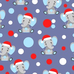 Seamless pattern. Happy New Year. Cartoon baby elephant in red Christmas hat. White, red and blue confetti. Grayish violet background. Post cards, wallpaper, textile, scrapbooking and wrapping paper