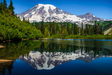 Fototapeta na wymiar Beautful Reflection of Mt Rainier from Bench Lake, Mt Rainier National Park, Washington
