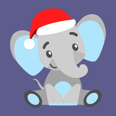 Merry Christmas. Happy New Year. Baby elephant in red Christmas hat isolated. Flat cartoon style. Grayish violet background. For children. Post cards, stickers, posters, scrapbooking and nursery