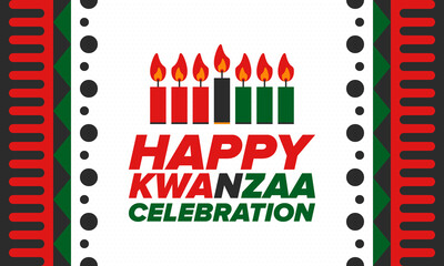 Kwanzaa Happy Celebration. African and African-American culture holiday. Seven days festival, celebrate annual from December 26 to January 1. Black history. Poster, card, banner and background. Vector