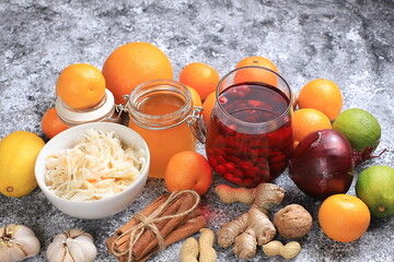 Healthy natural food for the flu and colds. A selection of fresh fruits and vegetables with vitamin...