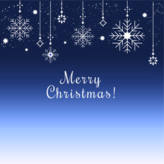 Digital merry christmas card vector, hanging white snowflakes on gradient blue background, digitally created on a tablet