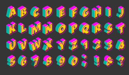 90s isometric neon alphabet. Set of colorful elements