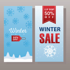 Fototapeta na wymiar big winter sale poster with tag hanging and ribbon