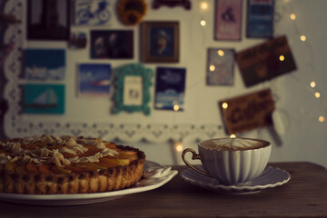 Apricot almond pie and coffee