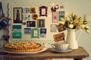 Apricot almond pie and coffee