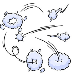 Effect of comic speed. Funny cloud of movement. Bubble cloud. Track and trace. Cartoon drawn illustration. Set of Funny smoke and steam.