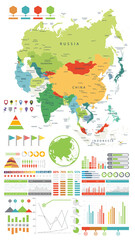 Asia map and Infographics design elements. On white