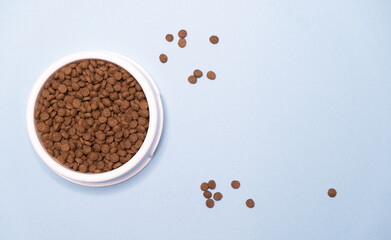 bowl with dry food for a dog or cat on a blue background. top view, place for text