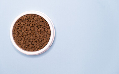 bowl with dry food for a dog or cat on a blue background. top view, place for text