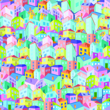 Multicolored houses in perspective, seamless pattern. Stylized decorative print on fabric or wrapping paper. © Dana