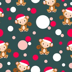 Seamless pattern. Happy New Year. Cartoon baby monkey in red Christmas hat. White, red and blue confetti. Tidewater green background. Post cards, wallpaper, textile, scrapbooking and wrapping paper
