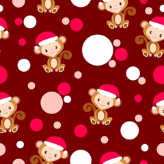 Seamless pattern. Happy New Year. Cartoon baby monkey in red Christmas hat. White, red and blue confetti. Maroon background. Post cards, wallpaper, textile, scrapbooking and wrapping paper