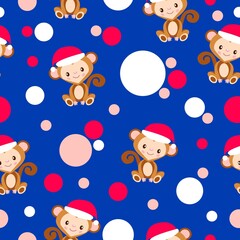 Seamless pattern. Happy New Year. Cartoon baby monkey in red Christmas hat. White, red and blue confetti. Classic blue background. Post cards, wallpaper, textile, scrapbooking and wrapping paper