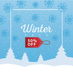 big winter sale poster with tag hanging in snowscape