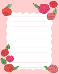 Template for records with lines. Pink with a white center, with roses and leaves in the corners.