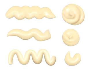 Mayonnaise sauce drops. Collection of realistic cheese sauce smears. Vector illustration of cream yogurt texture blobs isolated on white background