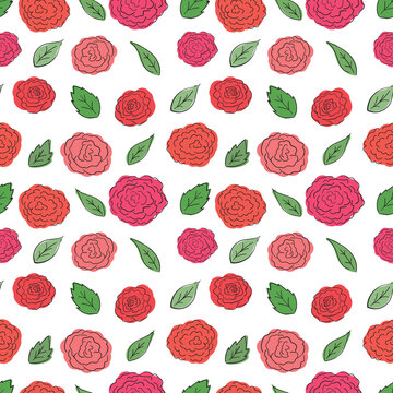 Pink roses with green leaves.Seamless repeating pattern. hand drawn. Color painted image with outline.