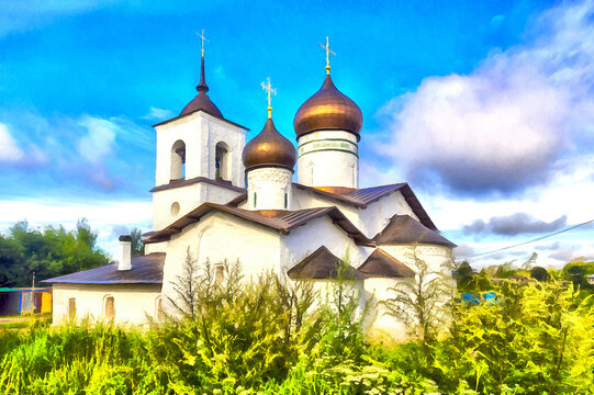 View on old orthodox church building colorful painting looks like picture, Pskov, Russia.