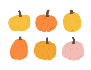Vector illustration of pumpkin in different colors on a white background. Hand-drawn set. Trendy vegan food background for fabric, paper. Suitable for illustrating healthy eating, recipes, local farm.