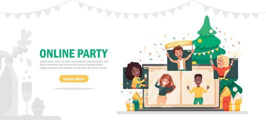 Virtual online party landing page. People meeting online together with family or friends via video calling on laptop and celebrating New Year, Christmas. Vector cartoon flat illustration 