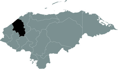 Black location map of the Honduran Santa Bárbara department inside gray map of Honduras