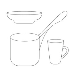 Set of dishes. Simple linear vector illustration in black and white.