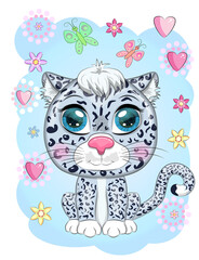 Cartoon snow leopard with expressive eyes. Wild animals, character, childish cute style.