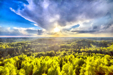Aerial view on forest plain with sunset sky colorful painting