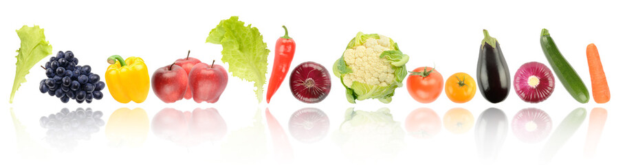 Panorama ripe and fresh fruits and vegetables with light reflection isolated on white