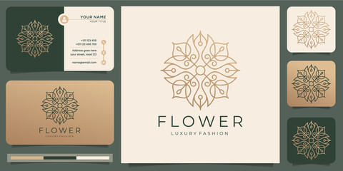 Minimalist abstract flower rose luxury beauty salon, fashion, skincare, cosmetic, yoga and spa products with business card . Premium Vector