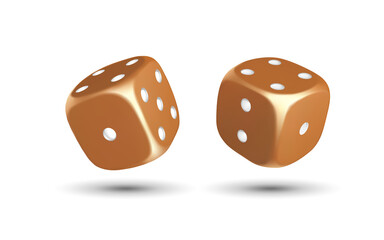 Dice. Composition of two dices on a white background. Gold dice. Casino. 3d effect Vector illustration.