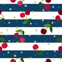 Fototapeta na wymiar Pink cherry and leaves, flat vector illustration, over white and blue stripes and golden flower stars, background, seamless pattern. 