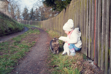 A child stands on the road near the fence and holds a ferret. Ferret sniffs a cat. Baby outdoor with him pets.