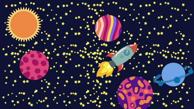 Cartoon Space. Cartoon rocket flies in outer space past the suspended planets, satellites and other objects. Flat loopback animation.