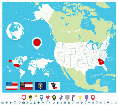 Location of Georgia on USA map with flags and map icons