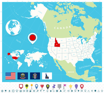 Location of Idaho on USA map with flags and map icons