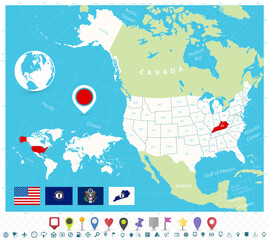 Location of Kentucky on USA map with flags and map icons