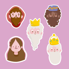 happy epiphany, joseph mary and three wise kings faces stickers