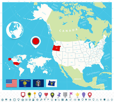 Location of Oregon on USA map with flags and map icons