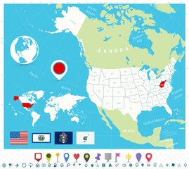 Location of West Virginia on USA map with flags and map icons