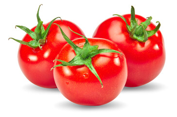 three fresh tomatoes isolated on white background. clipping path.