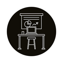 work place coworking with statistics and laptop line style icon