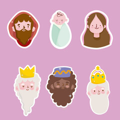 happy epiphany, three wise kings mary jospeg and baby jesus faces stickers