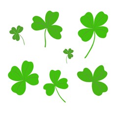 Green shamrock leaves hand drawn vector illustration set, a symbol of a national identity of Ireland and its spring holiday, St Patrick's day, cute cartoon style