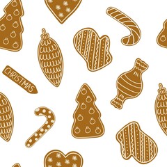 Christmas gingerbread cookies traditional holiday celebration repeat pattern hand drawn in doodle style decorated with sugar icing winter sweet food for greeting card, invitations, textile