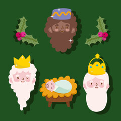 happy epiphany, three wise kings faces and baby jesus green background