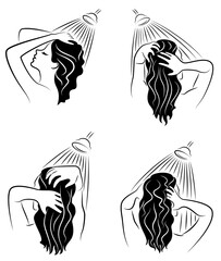 Collection. Silhouette of a beautiful young lady. The girl washes under the shower water. A woman washes her hair, her head with shampoo. Vector illustration set.