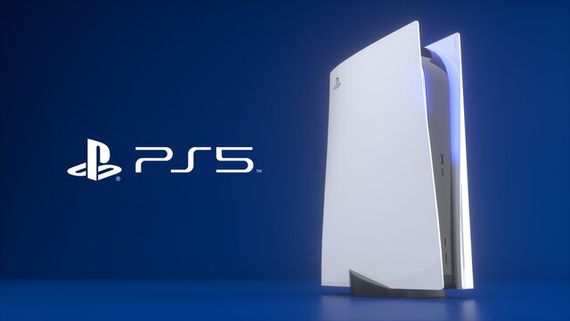 Moscow, Russia - November 6 2020: Presentation of a new product from Sony, wireless white PlayStation 5 on blue background. 3d rendering