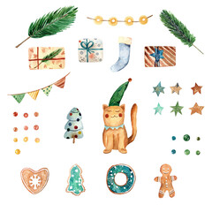 Watercolor hand painted set of Christmas elements - cat, gifts, garlands, gingerbread, stars, confetti, spruce branches, fir. Elements are isolated on a white background. For decoration, cards, paper.